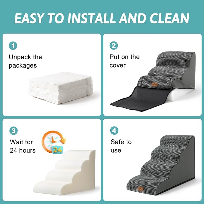 Dog Stairs for Small Dogs 11.8" H, Pet Step with Leakproof Cover, High Density Foam Cat Ramp for Chair or Sofa, Lightweight, Durable, Comfort, 15.7x19.7x11.8 inch, 2 Step, Dark Grey