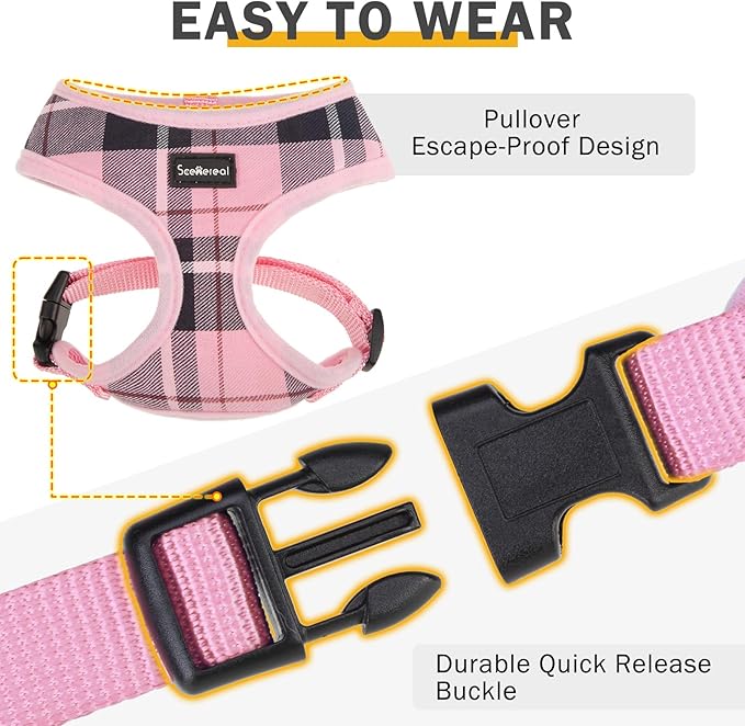 SCENEREAL Puppy Dog Harness with Leash Set for Small Medium Sized Dogs, Soft Mesh Step in Pet Harnesses and Leash, No Chock Plaid Adjustible No Pull Vest for Dogs Cats, Chihuahua,Bulldog (Pink S)
