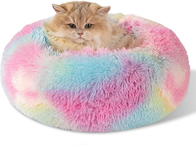 Dog Calming Beds for Small Medium Large Dogs - Round Donut Washable Puppy Dog Bed, Anti-Slip Faux Fur Fluffy Donut Cuddle Anxiety Cat Pet Bed(16'' Color)