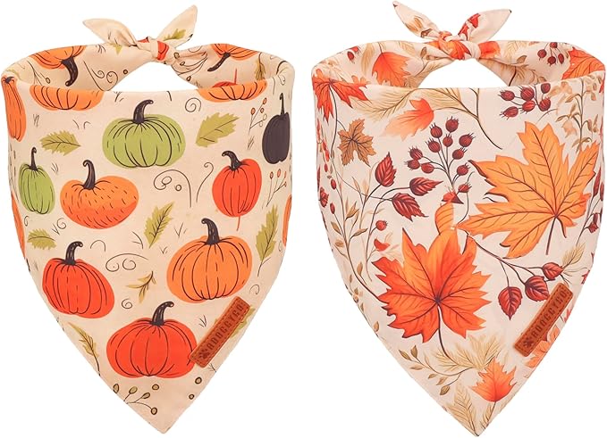 ADOGGYGO Fall Dog Bandana, Pumpkin Maple Leaf Autumn Thanksgiving Pet Scarf, Adjustable Fit Fall Bandanas for Medium Large Dogs Pets (Large)