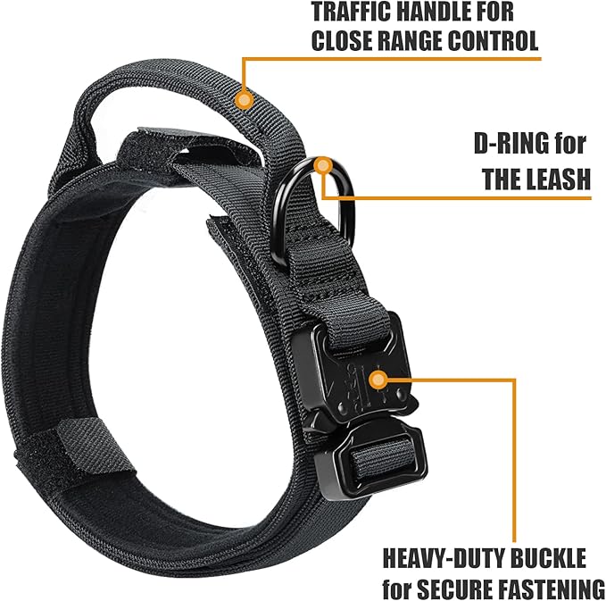 Tactical Dog Collar and Bungee Leash,Military Dog Collar & Leash Set with USA American Flag Adjustable K9 Collar with Heavy Duty Metal Buckle & Handle,with Patches and Airtags Case(XL, Black)