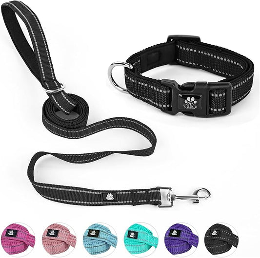 NESTROAD Reflective Dog Collar and Leash Set,Soft Neoprene Pet Collar with Quick Release Buckle,Adjustable Nylon Dog Collars for Small Medium Large Dogs(Small Collar + 5FT Leash,Black)