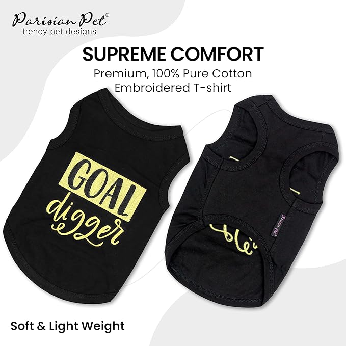 Parisian Pet Unisex Dog Tshirt - Embroidered “ Goal Digger “ Tank Top - Breathable and Lightweight Dog Clothes - Sleeveless Black Tee Shirts - Machine Washable Shirts for Large Dogs - L