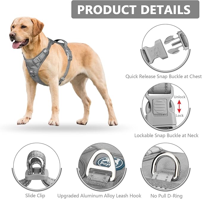 PoyPet No Pull Dog Harness, No Choke Reflective Dog Vest, Adjustable Pet Harnesses with Easy Control Padded Handle for Small Medium Large Dogs(Gray,XL)