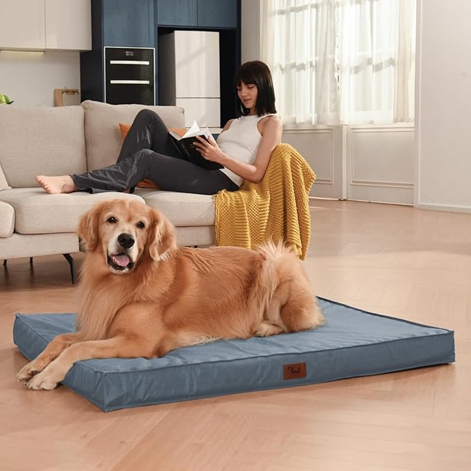 Orthopedic Dog Bed for Large Dogs - Pet Bed with Removable Washable Cover, Large Waterproof Dog Crate Bed for Large Sized Dog with Egg Crate Foam, Blue