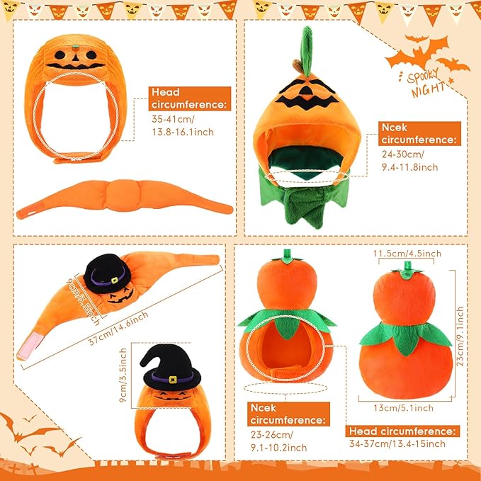 4 Pcs Cat Halloween Pumpkin Costume Dog Pumpkin Hat Adjustable Pet Headdress Cute Cap Headwear for Halloween Party Cosplay Costume Puppy Kitten Dress up Accessories