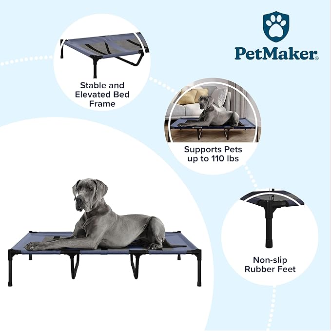 Elevated Dog Bed - 48x35.5-Inch Portable Pet Bed with Non-Slip Feet - Indoor/Outdoor Dog Cot or Puppy Bed for Pets up to 110lbs by PETMAKER (Blue)