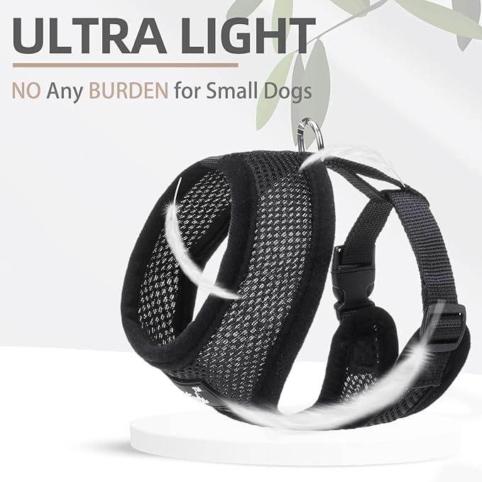 PUPTECK Soft Mesh Dog Harness and Leash Set Pet Puppy Cat Comfort Padded Vest No Pull Harnesses, Solid Black, S