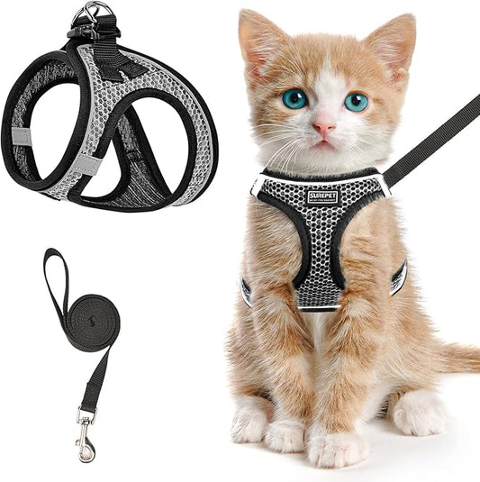 Cat Harness and Leash for Walking Escape Proof, Adjustable Kitten Vest Harness Reflective Soft Mesh Puppy Harness for Outdoor, Comfort Fit, Easy to Control (Gray, M)