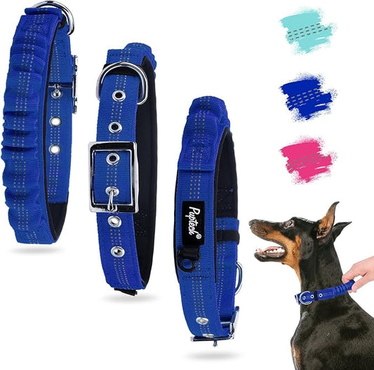PUPTECK Heavy Duty Dog Collar with Handle Bungee for Small Medium Large Dogs, Tactical Dog Training Collar for Easy Control, Reflective Padded Dog Collars for Walking Running, Navy Blue, M