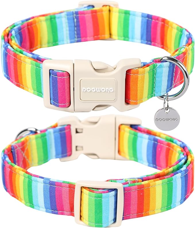DOGWONG Cotton Dog Collar, Rainbow Dog Collar Durable Soft Natural Fabric Pet Dog Collar Cute LGBTQ Puppy Necklace for Small Medium Large Dog
