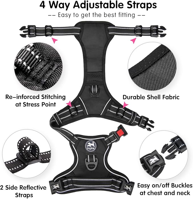 PoyPet Dog Harness No Pull, Reflective Vest Harness with Front & Back 2 Clips and Easy Control Handle for Small Medium Large Dog (XS, Black)