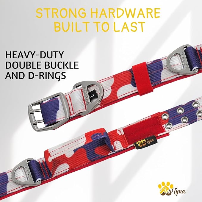 ADITYNA Heavy Duty Dog Collar for Extra-Large Dogs - Camo Red Blue Collar with Handle for Training, and Walking - Wide, Tactical, Soft Neoprene Padded