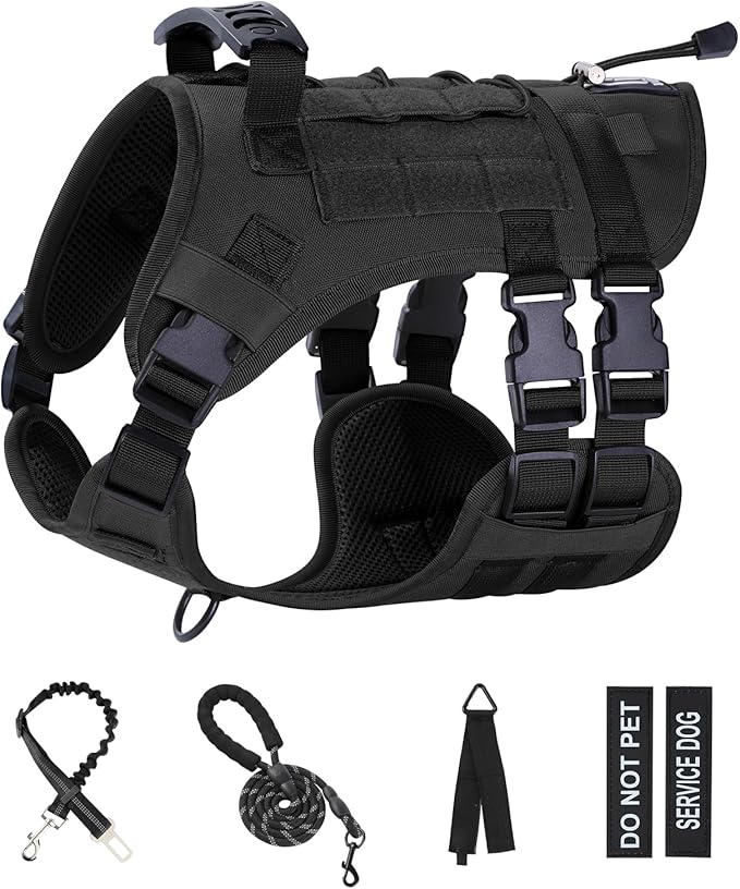 No Pull Tactical Dog Harness for Small Dogs, Escape Proof Molle Dog Vest Harness and Leash Set, Adjustable Military Service Dog Harness with Handle for Medium Large Dogs(Black, Small)
