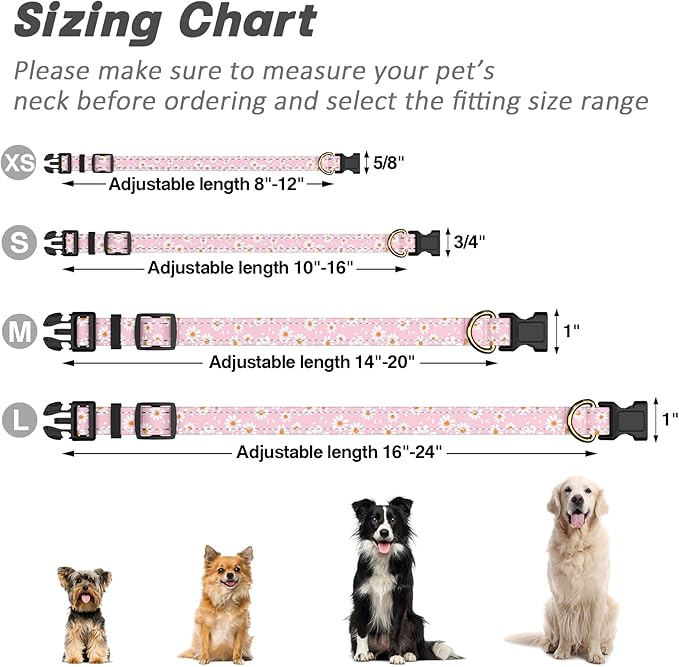 Reflective Dog Collar for Extra Small Dogs, Cute Daisy Theme Adjustable Heavy-Duty Nylon Puppy Collar for Boy and Girl Female, Soft Pet Accessories with Quick Release Buckle, Neck 8-12", Pink