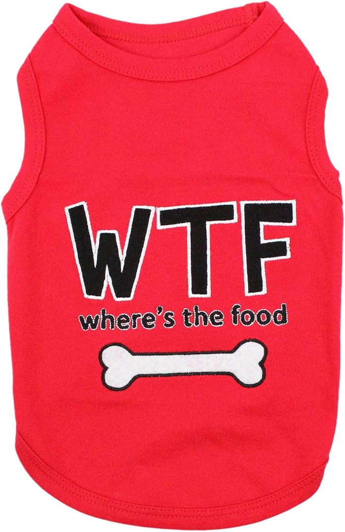 Parisian Pet Dog Tshirt - Embroidered “ WTF (Where’s The Food) “ Dog Shirt - Lightweight, Cotton Tank Top - Sleeveless Tee Shirts - Machine Washable Shirts for Large Dogs - L