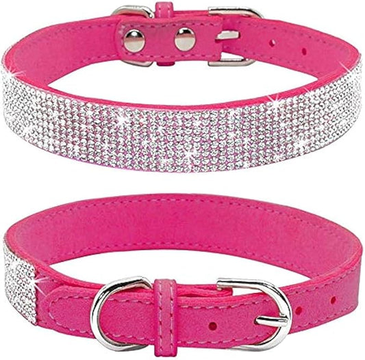 Rhinestone Dog Collar, Cute Dazzling Sparkling Soft Suede Leather Dog Cat Rhinestone Collar Crystal Diamond Pet Dog Puppy Collar(Hot Pink,S)