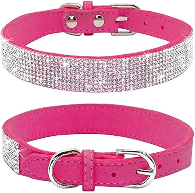 Rhinestone Dog Collar, Cute Dazzling Sparkling Soft Suede Leather Dog Cat Rhinestone Collar Crystal Diamond Pet Dog Puppy Collar(Hot Pink,L 38-46 cm)