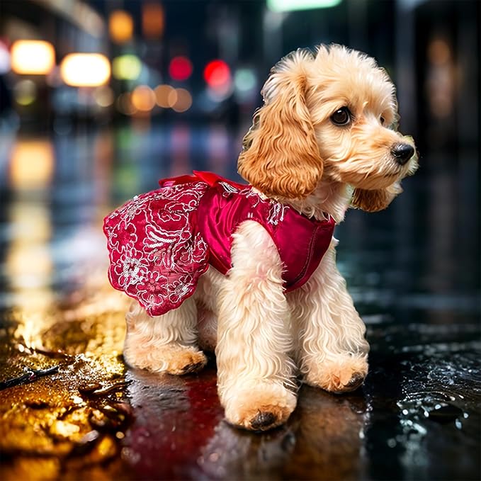 Dog Princess Lolita Dress for Small Dogs Girl,Sparkling Sequins Sweet Pet Clothes Wedding Birthday Party Puppy Dresses,Cat Apparel Accessories Costumes Outfit Skirt（Red,Small）