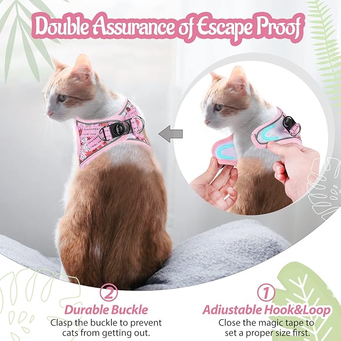 Cat Harness and Leash Escape Proof for Walking, Adjustable Soft Kitten Harness with Reflective Straps Step in Cat Vest Harness for Small Kitten and XS Dogs (Pink, L-Chest(15.7"-16.3"))