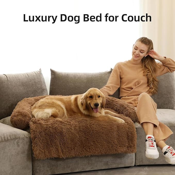 Calming Dog Bed Fluffy Plush Dog Mat for Furniture Protector with Removable Washable Cover for Large Medium Small Dogs and Cats (Extra Large (53x39.3x6), Brown)