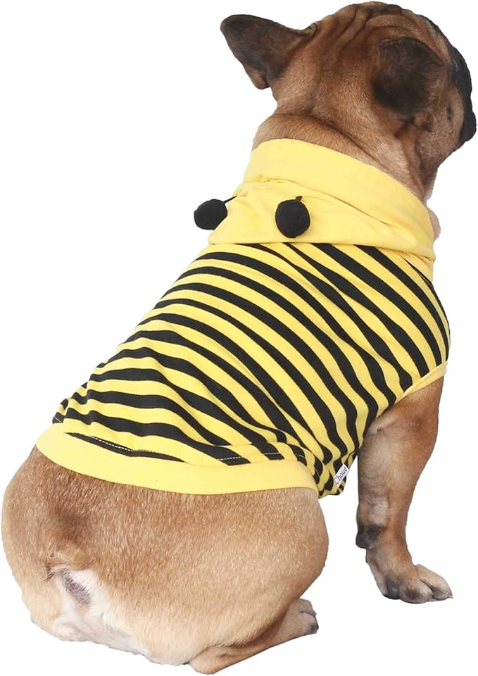 iChoue Bee Honeybee Bumblebee French Bulldog Costumes Hoodies Sleeveless Clothes Outfits Funny Cosplay Shirts for Medium Dogs Frenchie Pug English Boston Puppy - Black and Yellow, Large Plus