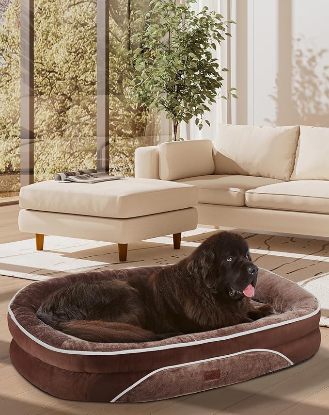 OhGeni Orthopedic Big Dog Couch XX-Large Sized Pet Beds for Fathers Gifts with Comfort Foam Support, Soft Indestructible Fabric, Machine Washable Waterproof Removable Cover, 48-Inch (Brown)