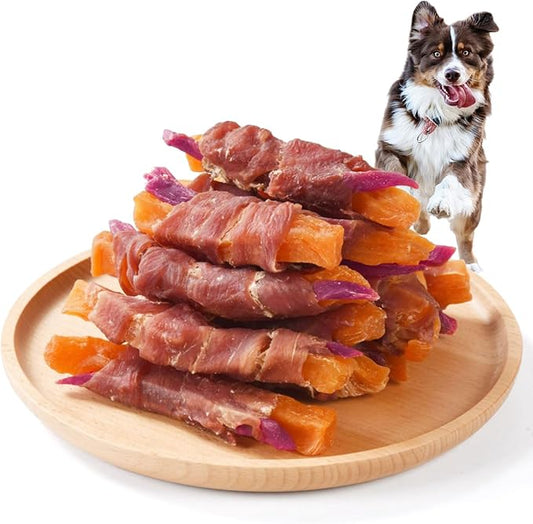 ASMPET Sweet Potato Dog Treats, Duck Wrapped Orange and Purple Sweet Potato with Taurine Grain Free Rawhide Free Long Lasting Dog Chews Eliminates Tears for Small Medium Large Breeds 10.6 oz