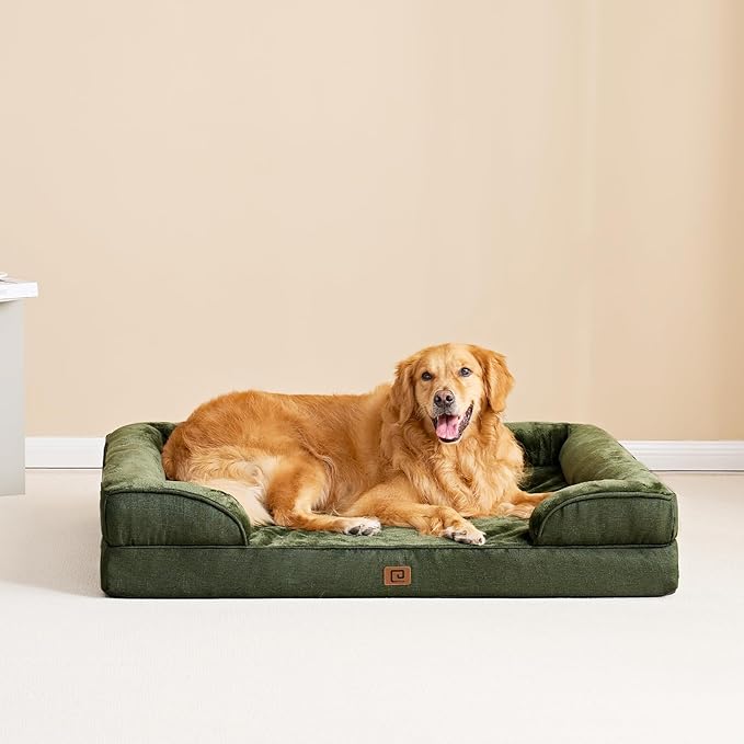 EHEYCIGA Orthopedic XL Dog Beds, Waterproof Memory Foam Dog Bed for Extra Large Dogs, Non-Slip Bottom and Egg-Crate Foam Big Pet Couch Bed with Washable Removable Cover, Dark Green