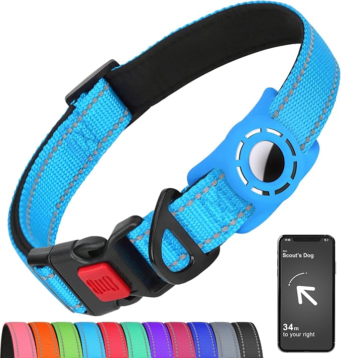 Airtag Dog Collar with AirTag Holder for Puppy Small Dogs, Reflective, Soft Padded & Safety Locking Buckle, Nylon Pet Collars Adjustable for All Breeds, SkyBlue,XS