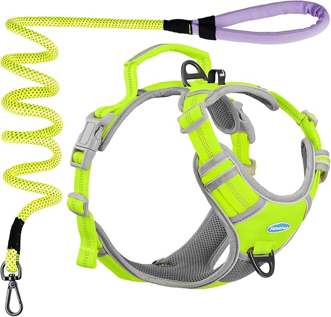 ThinkPet No Pull Harness Set Breathable Sport Harness with Handle - Reflective Padded Dog Safety Vest with Reflective Neon Dog Leash M Harness Leash Pack Green