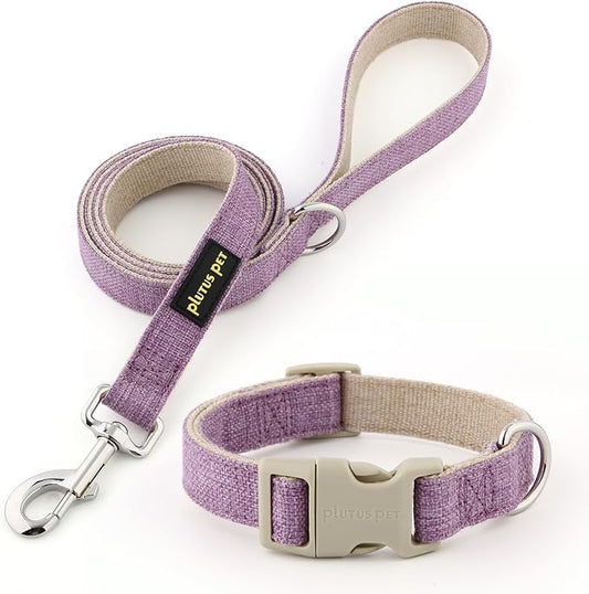 Plutus Pet Cotton Hemp Dog Collar and Leash Set, Adjustable Collar for Small, Medium, and Large Dogs, Heavy Duty and Soft on Skin, Lavender, L