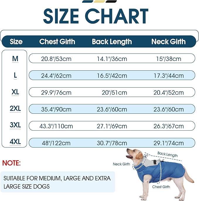 ROZKITCH Dog Jacket for Cold Weather, Dog Coat for Autumn Winter with Turtleneck, Pet Clothes with Adjustable Buckles, Soft Warm Pet Clothing with Reflective Strip for Medium Large Dogs Blue XL