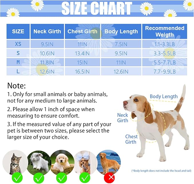 Dog Dress Bowknot Harness Leash Set for Small Girl Dogs Blue Daisy Floral Dog Cat Clothes Cute Puppy Outfits Pet Clothes Spring Summer Breathable Dresses(Small)