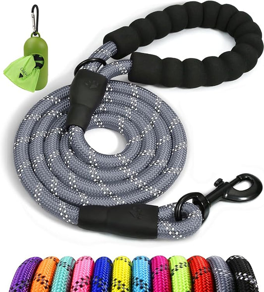 Taglory Rope Dog Leash 5 FT with Comfortable Padded Handle, Highly Reflective Threads Leash for Small Dogs, 3/8 inch, Grey