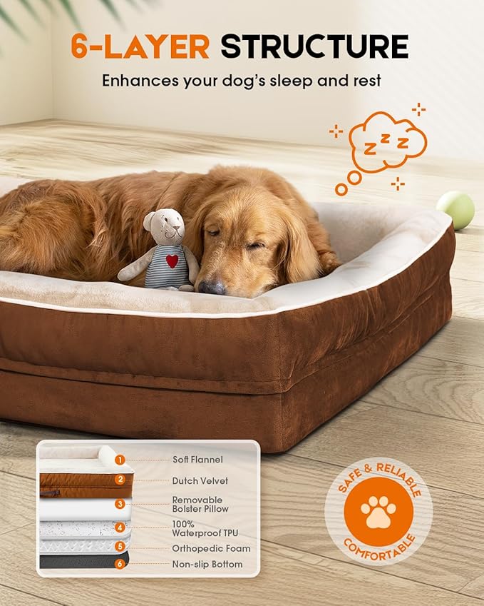 Cat Beds for Indoor Cats, Egg Foam Orthopedic Dog Bed with Removable Washable Cover, Waterproof Cat Couch Bed with Non-Slip Bottom and Four-Sided Bolster Cushion, Brown Dog Beds for Small Dogs