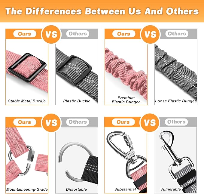 Dog Seat Belt Harness for Car, Dog Car Leash with Car Headrest & Buckle, Reflective Short Dog Leash, Pet 15 Inch Heavy Duty Leash for Dogs with Padded Handle & Locking Carabiner Clip, Pink