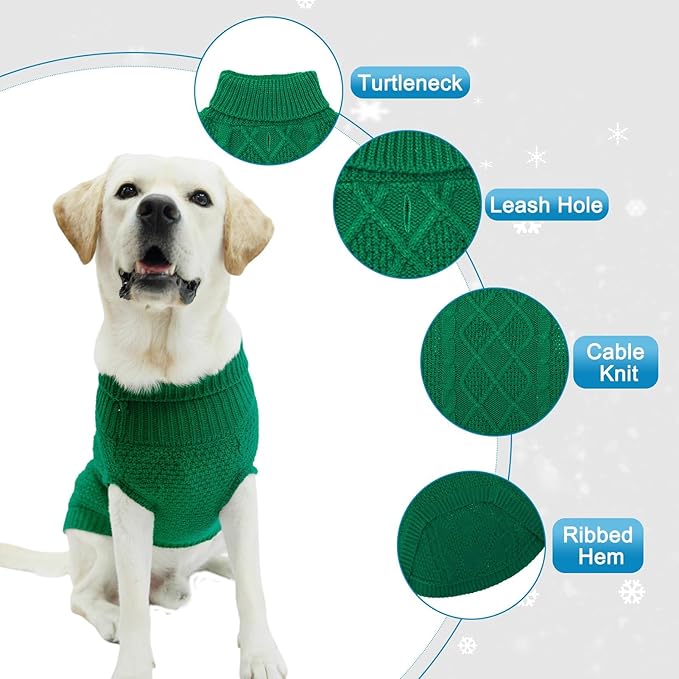 Mihachi Turtleneck Dog Sweater - Winter Coat Apparel Classic Cable Knit Clothes with Leash Hole for Cold Weather, Ideal Gift for Pet in New Year Green Medium/Large