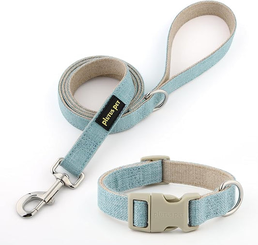 Plutus Pet Cotton Hemp Dog Collar and Leash Set, Adjustable Collar for Small, Medium, and Large Dogs, Heavy Duty and Soft on Skin, Light Blue, XL