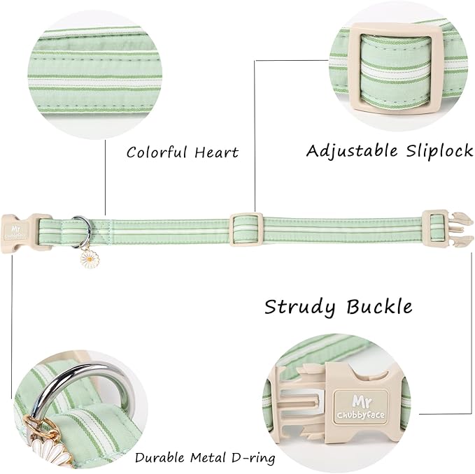 Cotton Dog Collar, Cute Green Summer Puppy Collar with Plastic Buckle, Adjustable Soft Natural Fabric Pet Collar for Small Medium Large Dogs