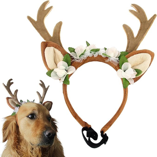 Dog Cat Christmas Reindeer Ears Antlers Headband Adjustable, Forest Flower Elk Hat Headwear Pet Deer Hair Cosplay Costumes Accessories for Halloween Merry Christmas (L(for Medium and Big Dogs))