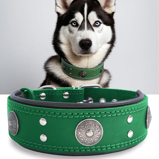 Leather Dog Collar, 2 inches Wide Heavy Duty Genuine Leather Collars, Handmade, Soft, and Luxury, Eye-catching Best Choice for Large and Medium Breed Dogs, Green,16.5-20.5 inches