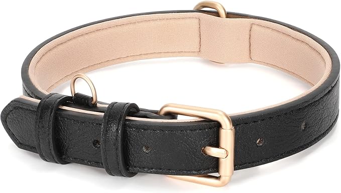 WHIPPY Leather Dog Collar for Small Dog Adjustable Soft Breathable Leather Padded Puppy Collar with Alloy Buckle Heavy Duty Waterproof Classic Dog Pet Collar,Black,XS