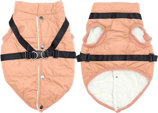 Dog Jacket with Harness,Fleece Lined Warm Puppy Coat for Winter,Soft Windproof Small Dog Vest,LightOrange S