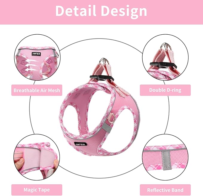 AMTOR Small Dog Harness with Leash Set, No Escape Easy Walk Puppy Harnesses for Training Walking, Step-in Reflective Soft Dogs Vest for XS S Medium Extra-Small Large Sized Dog(XXS Size,Pink/White)