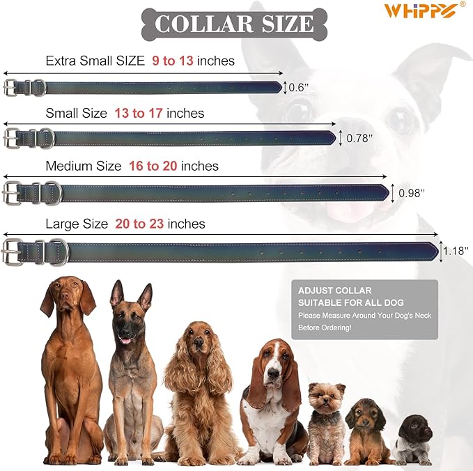WHIPPY Leather Dog Collar for Medium Large Dog Adjustable Soft Leather Padded Puppy Collar with Alloy Buckle Heavy Duty Waterproof Classic Dog Pet Collar