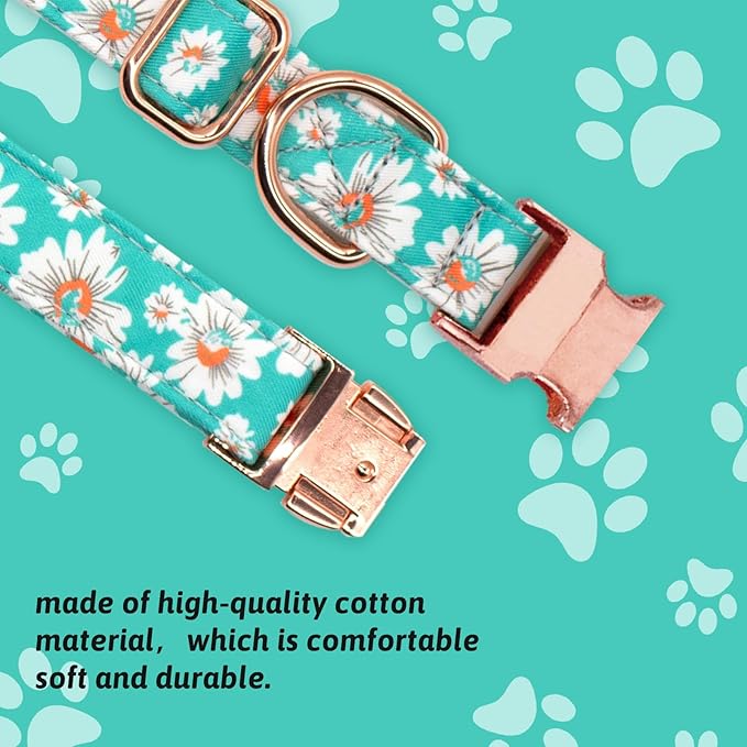 Dog Collar and Leash Set Girls Adjustable Puppy Collars with Floral Bow Tie for Small Medium Large Female Dogs, Light Green Daisy, L