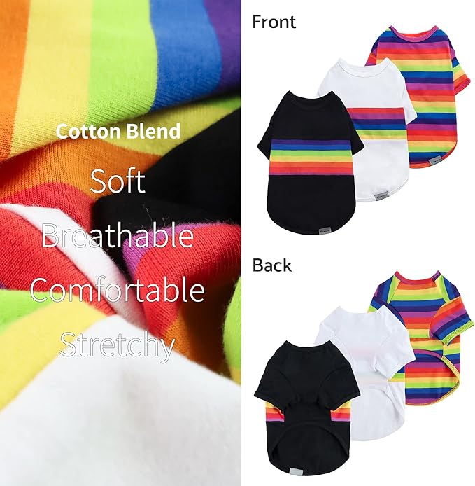 Fitwarm 3 Pack Rainbow Striped Dog Shirt, Dog Summer Clothes for Small Dogs Boy Girl, Breathable Lightweight Pet Tshirt with Sleeves, Cat Outfit, White, Black, Multicolored, XL