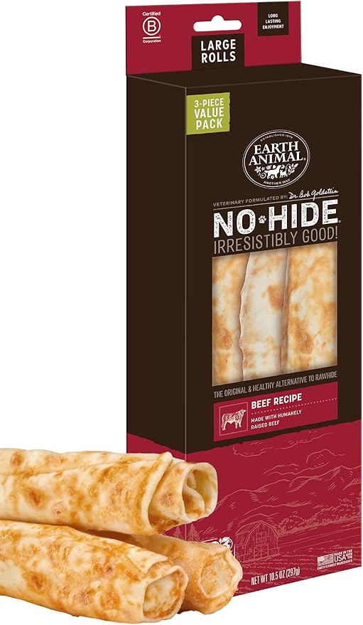 Earth Animal No-Hide Rolls Beef Recipe Large Natural Rawhide Alternative Dog Chews | 3 Count Pack of 1