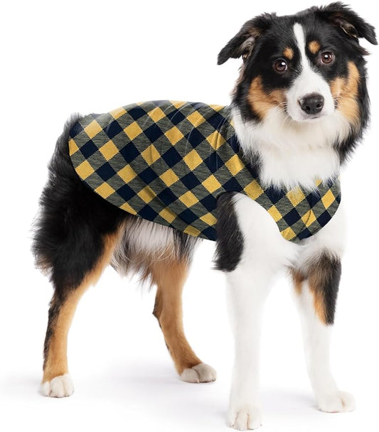 Stretch Fleece Dog Coat, Stretchy Pet Sweater, Machine Washable Pullover for Winter and Fall, Gold Buffalo Check, 14